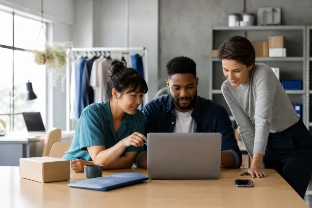 A diverse small-business team reviewing operations together in a modern workspace